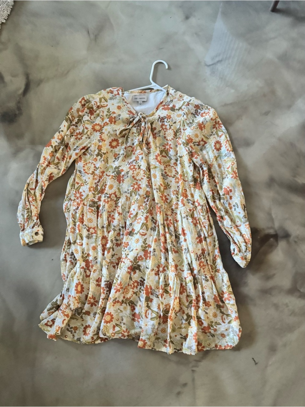 Floral Tie-Neck Boho Tunic Dress in Cream & Orange
